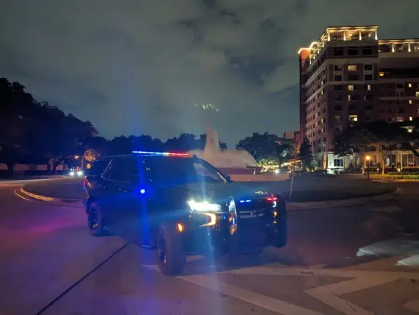 Tahoe PPV with the emergency lights on downtown Houston Texas